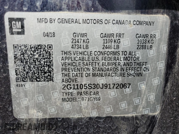 2018 Chevrolet Impala LT with VIN 2G1105S30J9172067, listed as a Copart auction lot 52317895 with 152,083 mi miles and Clean Title. Bid and sale history available at DreamBid. Image 12.