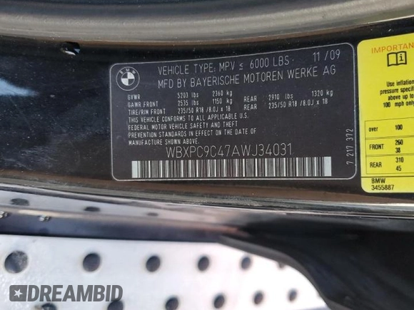 2010 BMW X3 xDrive30i with VIN WBXPC9C47AWJ34031, listed as a Copart auction lot 72241164 with 192,435 mi miles and Salvage Title. Bid and sale history available at carsss.com. Image 12.
