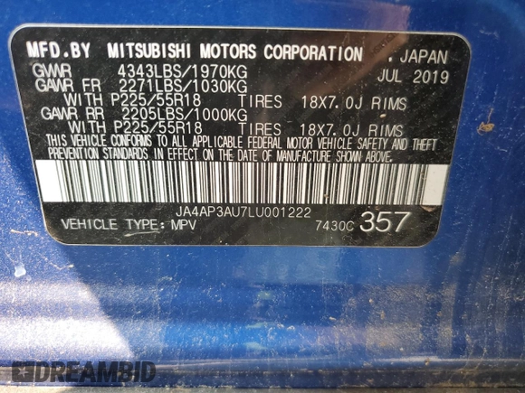 2020 Mitsubishi Outlander ES with VIN JA4AP3AU7LU001222, listed as a Copart auction lot 59211915 with Not provided miles and Clean title. Bid and sale history available at DreamBid. Image 13.