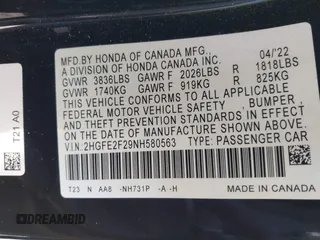 2022 Honda Civic LX z VIN 2HGFE2F29NH580563, wystawiony jako IAAI lot #41861920 z przebiegiem 15 559 mil mil oraz . Historia ofert i sprzedaży dostępna na DreamBid. Obrazek 9.