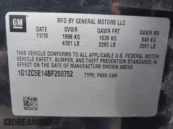 2011 Chevrolet Malibu 1LT with VIN 1G1ZC5E14BF250752, listed as a IAAI auction lot 41990805 with 214,399 mi miles and . Bid and sale history available at DreamBid. Image 9.