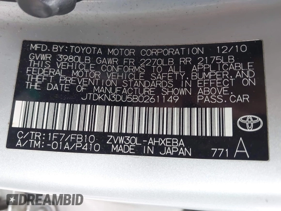 2011 Toyota Prius I with VIN JTDKN3DU5B0261149, listed as a IAAI auction lot 42041188 with 190,787 mi miles. Bid and sale history available at carsss.com. Image 9.