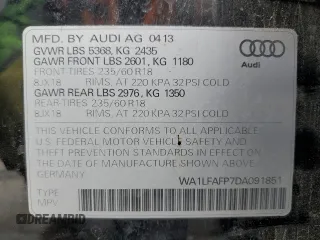 2013 Audi Q5 Premium Plus with VIN WA1LFAFP7DA091851, listed as a Copart auction lot 59974945 with 127,335 mi miles and Salvage title. Bid and sale history available at DreamBid. Image 13.
