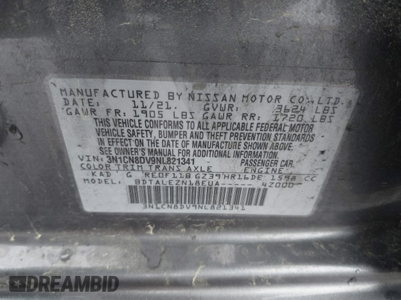 2022 Nissan Versa S z VIN 3N1CN8DV9NL821341, wystawiony jako IAAI lot #41963545 z przebiegiem 49 159 mil mil oraz . Historia ofert i sprzedaży dostępna na DreamBid. Obrazek 9.