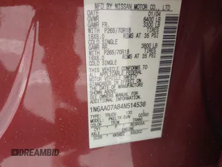 2004 Nissan Titan LE z VIN 1N6AA07A84N514538, wystawiony jako IAAI lot #42396385 z przebiegiem 214 783 mil mil oraz . Historia ofert i sprzedaży dostępna na DreamBid. Obrazek 9.