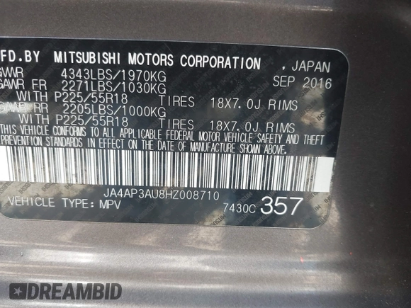 2017 Mitsubishi Outlander ES with VIN JA4AP3AU8HZ008710, listed as a IAAI auction lot 41989973 with 160,193 mi miles and . Bid and sale history available at DreamBid. Image 9.