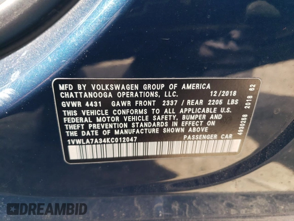 2019 Volkswagen Passat Wolfsburg Edition z VIN 1VWLA7A34KC012047, wystawiony jako Copart lot #53572365 z przebiegiem 84 103 mil mil oraz Szkoda całkowita • Salvage title. Historia ofert i sprzedaży dostępna na DreamBid. Obrazek 12.