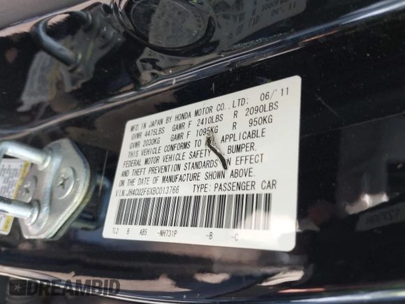 2011 Acura TSX with VIN JH4CU2F6XBC013766, listed as a IAAI auction lot 42398282 with 156,565 mi miles and . Bid and sale history available at DreamBid. Image 9.