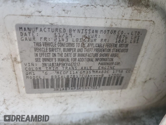 2019 Nissan Sentra S with VIN 3N1AB7AP5KY447017, listed as a Copart auction lot 48408675 with 176,554 mi miles and Salvage Title. Bid and sale history available at DreamBid. Image 14.