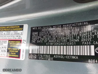 2010 Toyota Camry with VIN 4T1BF3EK2AU515851, listed as a IAAI auction lot 41913339 with 119,431 mi miles. Bid and sale history available at carsss.com. Image 9.