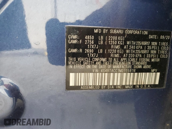 2021 Subaru Outback Premium with VIN 4S4BTACC1M3115816, listed as a Copart auction lot 53938485 with 63,471 mi miles and Salvage title. Bid and sale history available at DreamBid. Image 13.