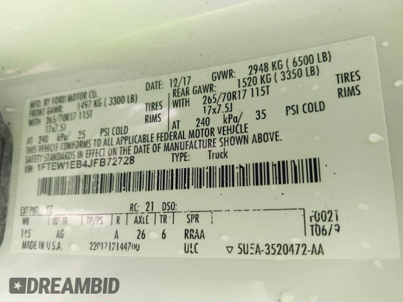 2018 Ford F-150 XL with VIN 1FTEW1EB4JFB72728, listed as a IAAI auction lot 39974264 with 185,958 mi miles and . Bid and sale history available at DreamBid. Image 9.