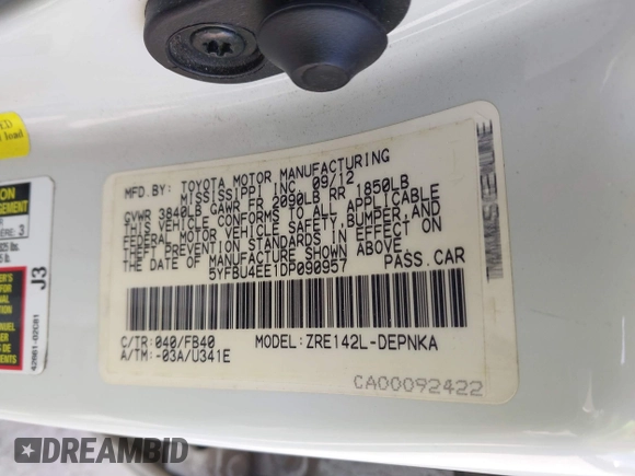2013 Toyota Corolla L with VIN 5YFBU4EE1DP090957, listed as a IAAI auction lot 41898057 with 127,438 mi miles and . Bid and sale history available at DreamBid. Image 9.