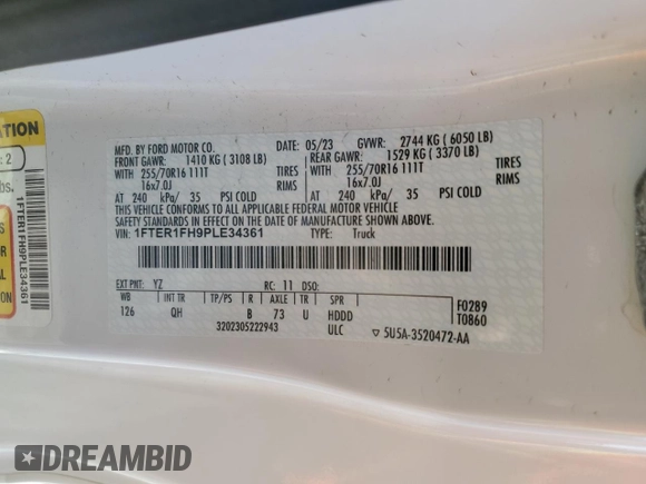 2023 Ford Ranger XL with VIN 1FTER1FH9PLE34361, listed as a Copart auction lot 46024965 with 34,964 mi miles and Salvage Title. Bid and sale history available at DreamBid. Image 12.
