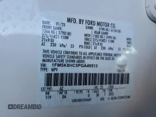 2023 Ford Explorer Platinum with VIN 1FM5K8HC5PGA49513, listed as a Copart auction lot 43654785 with 34,928 mi miles and Salvage title. Bid and sale history available at DreamBid. Image 13.