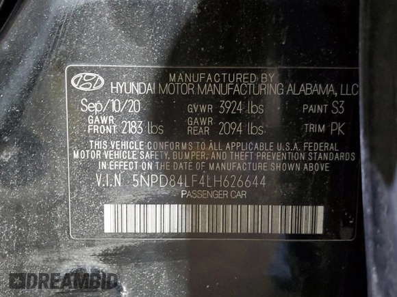 2020 Hyundai Elantra SEL with VIN 5NPD84LF4LH626644, listed as a Copart auction lot 44551085 with 70,268 mi miles and Salvage Title. Bid and sale history available at DreamBid. Image 14.
