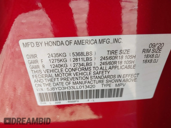 2020 Acura MDX with VIN 5J8YD3H33LL013420, listed as a IAAI auction lot 41718188 with 31,556 mi miles and . Bid and sale history available at DreamBid. Image 9.