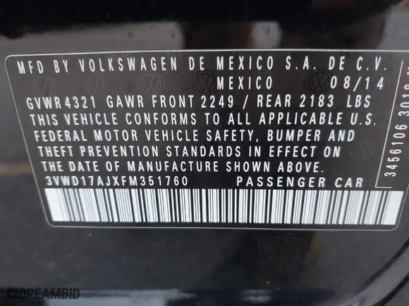 2015 Volkswagen Jetta Sedan 1.8T Sport with VIN 3VWD17AJXFM351760, listed as a IAAI auction lot 41338466 with 178,297 mi miles. Bid and sale history available at carsss.com. Image 9.