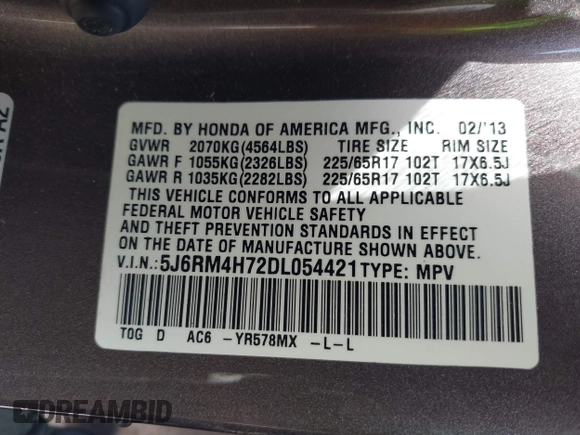 2013 Honda CR-V EX-L with VIN 5J6RM4H72DL054421, listed as a IAAI auction lot 42144914 with 60,440 mi miles. Bid and sale history available at carsss.com. Image 9.
