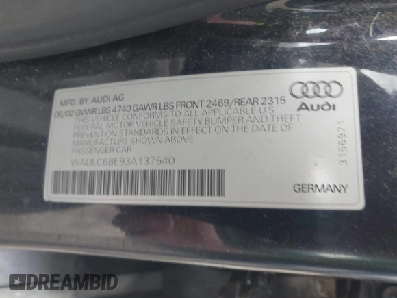 2003 Audi A4 1.8T with VIN WAULC68E93A137540, listed as a IAAI auction lot 42138092 with 194,935 mi miles. Bid and sale history available at carsss.com. Image 9.