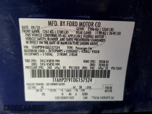 2013 Ford Taurus Limited с VIN 1FAHP2F91DG157524, выставлен на аукционе Copart как лот 66988824 с пробегом 155 185 миль миль и Списание • Salvage title. История ставок и продаж доступна на DreamBid. Изображение 12.
