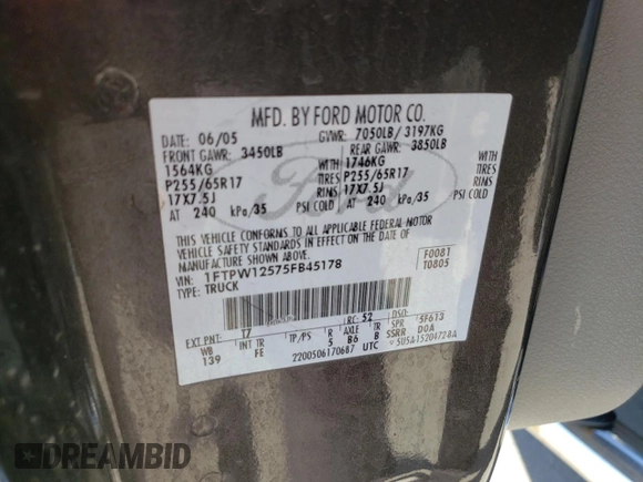 2005 Ford F-150 XLT z VIN 1FTPW12575FB45178, wystawiony jako Copart lot #46416825 z przebiegiem Nie podano mil oraz Szkoda całkowita • Salvage title. Historia ofert i sprzedaży dostępna na DreamBid. Obrazek 12.