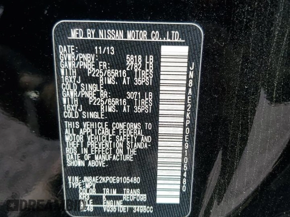 2014 Nissan Quest SV z VIN JN8AE2KP0E9105480, wystawiony jako Copart lot #55634095 z przebiegiem 122 369 mil mil oraz Szkoda całkowita • Salvage title. Historia ofert i sprzedaży dostępna na DreamBid. Obrazek 13.
