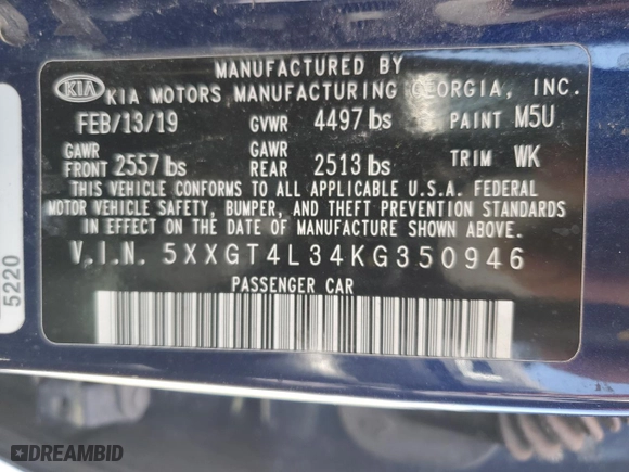 2019 Kia Optima LX with VIN 5XXGT4L34KG350946, listed as a Copart auction lot 47983805 with 120,167 mi miles and Clean Title. Bid and sale history available at carsss.com. Image 13.