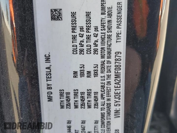 2021 Tesla Model 3 Standard Range Plus with VIN 5YJ3E1EA2MF087879, listed as a Copart auction lot 51853235 with 65,477 mi miles and Non Repairable. Bid and sale history available at carsss.com. Image 14.