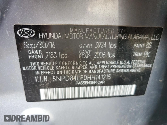 2017 Hyundai Elantra Limited with VIN 5NPD84LF0HH141215, listed as a Copart auction lot 53906375 with 101,141 mi miles and Salvage Title. Bid and sale history available at DreamBid. Image 12.