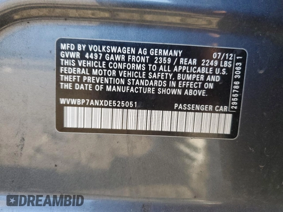 2013 Volkswagen CC Sport with VIN WVWBP7ANXDE525051, listed as a Copart auction lot 70659744 with 293,611 mi miles and Salvage Title. Bid and sale history available at DreamBid. Image 14.