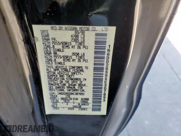 1999 Nissan Frontier XE with VIN 1N6DD26S9XC307893, listed as a Copart auction lot 66045605 with 239,269 mi miles and Salvage title. Bid and sale history available at DreamBid. Image 12.