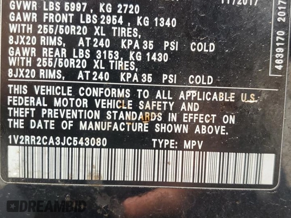 2018 Volkswagen Atlas SEL with VIN 1V2RR2CA3JC543080, listed as a Copart auction lot 53913795 with 131,173 mi miles and Salvage title. Bid and sale history available at DreamBid. Image 13.
