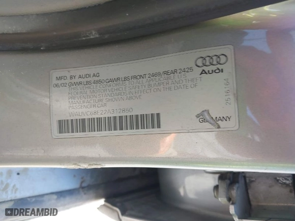 2002 Audi A4 1.8T with VIN WAUVC68E22A312850, listed as a IAAI auction lot 41925331 with 171,831 mi miles. Bid and sale history available at carsss.com. Image 9.