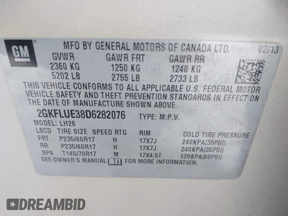 2013 GMC Terrain SLT with VIN 2GKFLUE38D6282076, listed as a IAAI auction lot 41563809 with 104,952 mi miles and . Bid and sale history available at carsss.com. Image 9.