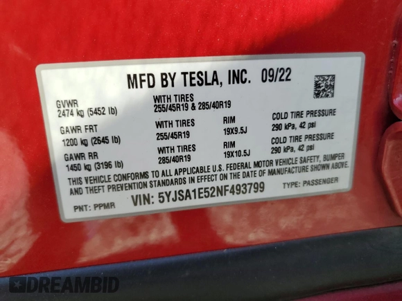 2022 Tesla Model S z VIN 5YJSA1E52NF493799, wystawiony jako Copart lot #53256075 z przebiegiem 34 479 mil mil oraz Szkoda całkowita • Salvage title. Historia ofert i sprzedaży dostępna na DreamBid. Obrazek 13.