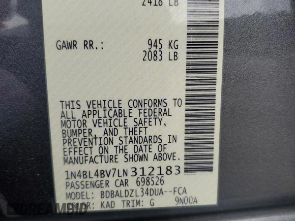 2020 Nissan Altima 2.5 S with VIN 1N4BL4BV7LN312183, listed as a Copart auction lot 57965844 with 124,635 mi miles and Salvage Title. Bid and sale history available at carsss.com. Image 13.