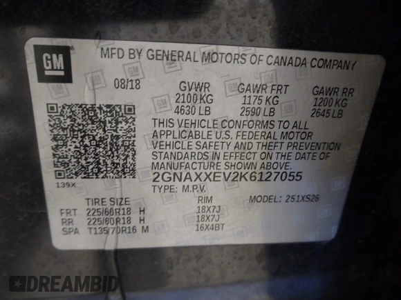2019 Chevrolet Equinox Premier with VIN 2GNAXXEV2K6127055, listed as a IAAI auction lot 41598381 with 132,126 mi miles and . Bid and sale history available at DreamBid. Image 9.