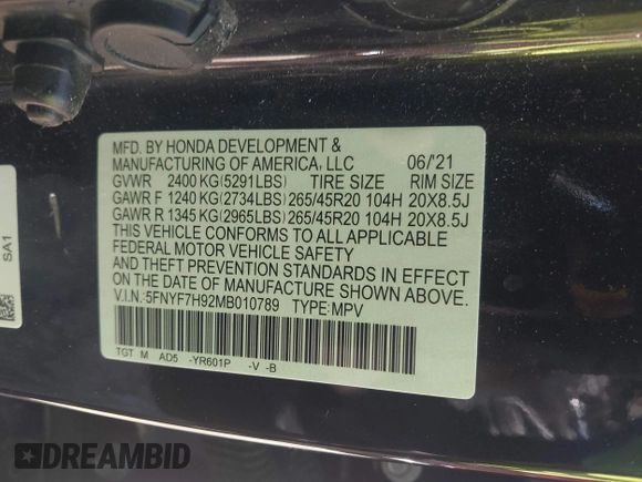2021 Honda Passport Touring с VIN 5FNYF7H92MB010789, выставлен на аукционе IAAI как лот 42240529 с пробегом 43 184 миль миль и . История ставок и продаж доступна на DreamBid. Изображение 9.