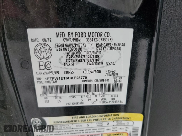 2012 Ford F-150 XL with VIN 1FTFW1ET6CKE25779, listed as a Copart auction lot 87034494 with 0 mi miles and Salvage Title. Bid and sale history available at carsss.com. Image 13.