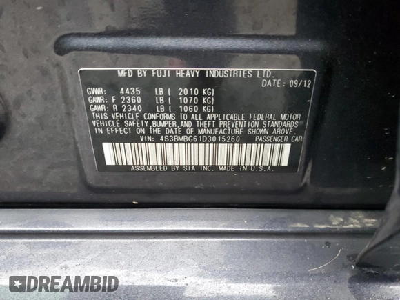 2013 Subaru Legacy Premium with VIN 4S3BMBG61D3015260, listed as a Copart auction lot 83275104 with 111,810 mi miles and Salvage Title. Bid and sale history available at carsss.com. Image 12.