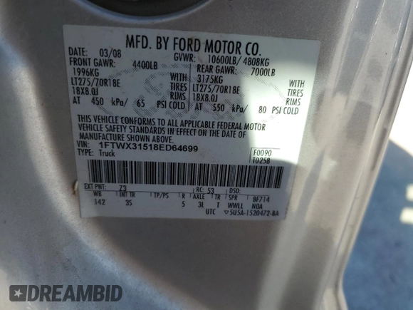 2008 Ford F-350 XL with VIN 1FTWX31518ED64699, listed as a Copart auction lot 77196904 with 114,591 mi miles and Salvage Title. Bid and sale history available at DreamBid. Image 14.