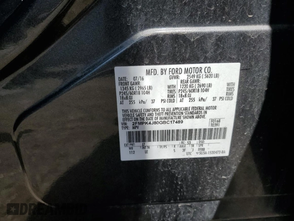 2016 Ford Edge SEL z VIN 2FMPK4J80GBC17489, wystawiony jako Copart lot #58372985 z przebiegiem 131 423 mil mil oraz Szkoda całkowita • Salvage title. Historia ofert i sprzedaży dostępna na DreamBid. Obrazek 14.