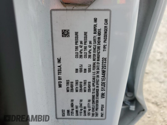 2022 Tesla Model 3 with VIN 5YJ3E1EA4NF207232, listed as a Copart auction lot 54414805 with Not Provided miles and Salvage Title. Bid and sale history available at DreamBid. Image 13.
