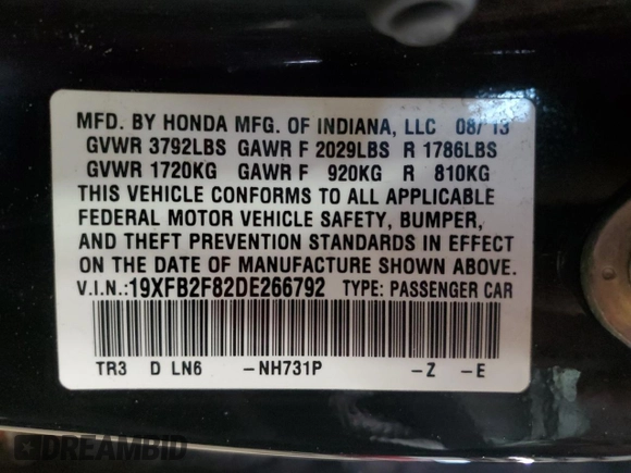 2013 Honda Civic EX with VIN 19XFB2F82DE266792, listed as a Copart auction lot 55680355 with 266,796 mi miles and Clean Title. Bid and sale history available at DreamBid. Image 12.
