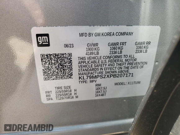 2023 Chevrolet TrailBlazer LT with VIN KL79MPS2XPB207171, listed as a Copart auction lot 62553524 with 3,558 mi miles and Salvage Title. Bid and sale history available at DreamBid. Image 12.