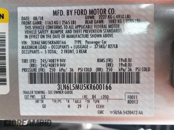 2019 Lincoln MKZ Hybrid Reserve II with VIN 3LN6L5MU5KR600166, listed as a Copart auction lot 45412170 with Not provided miles and Salvage title. Bid and sale history available at DreamBid. Image 10.