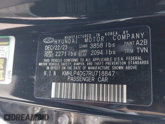 2024 Hyundai Elantra Limited with VIN KMHLP4DG7RU718847, listed as a IAAI auction lot 41506091 with 10,918 mi miles and . Bid and sale history available at DreamBid. Image 9.