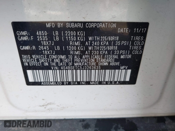2018 Subaru Outback Touring with VIN 4S4BSETC5J3263635, listed as a IAAI auction lot 41209281 with 60,003 mi miles and . Bid and sale history available at DreamBid. Image 9.