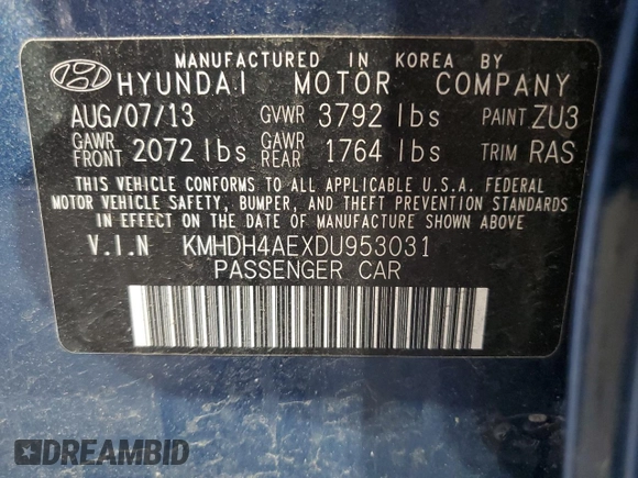 2013 Hyundai Elantra Limited with VIN KMHDH4AEXDU953031, listed as a Copart auction lot 56651205 with 177,067 mi miles and Clean Title. Bid and sale history available at DreamBid. Image 12.